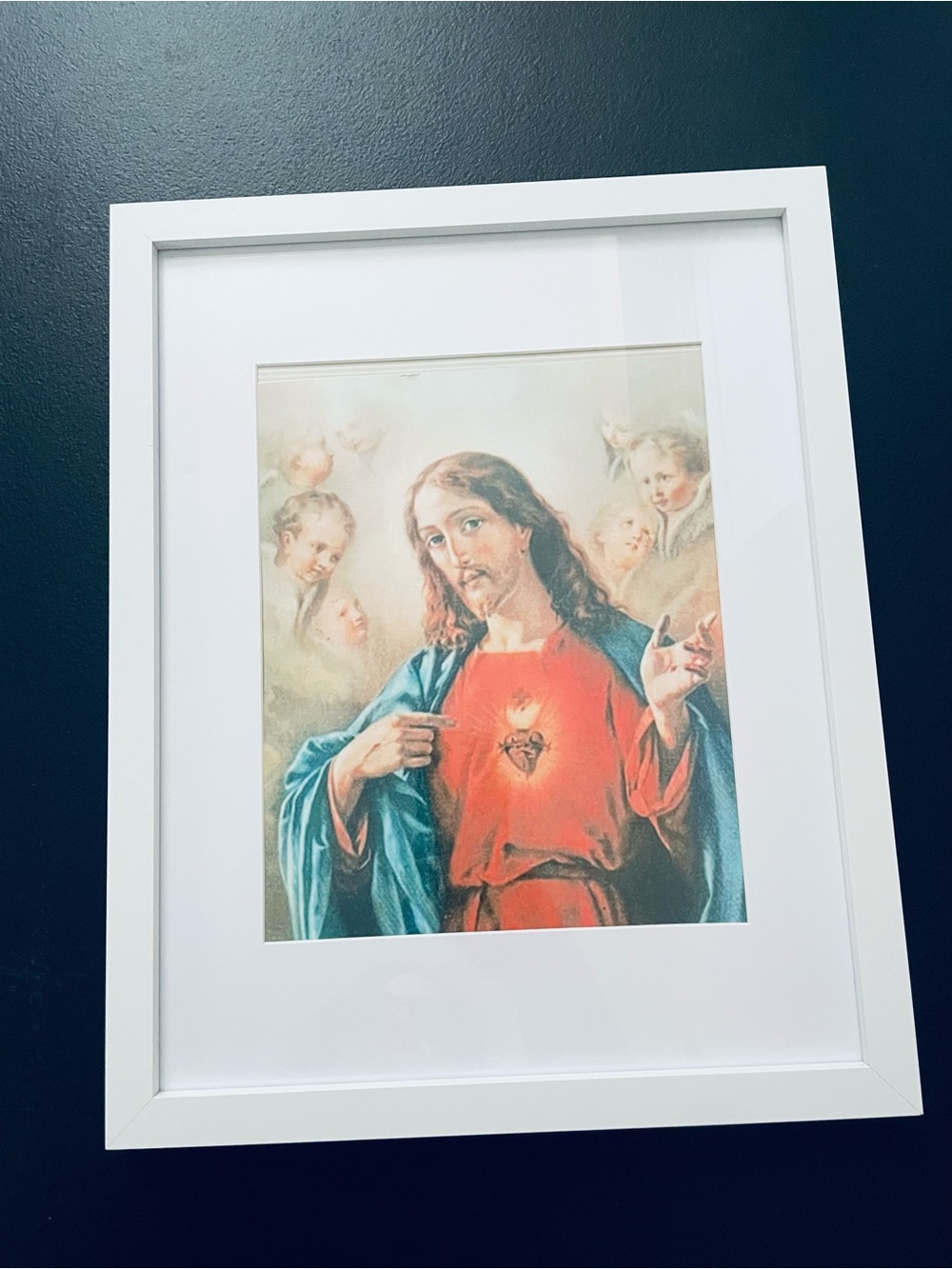 Framed Religious Art Print in White Frame - Red & Blue